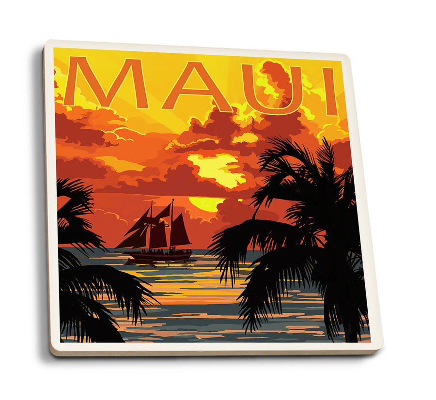 Maui, Hawaii, Sunset & Ship, Lantern Press Artwork, Coaster Set Coasters Lantern Press 