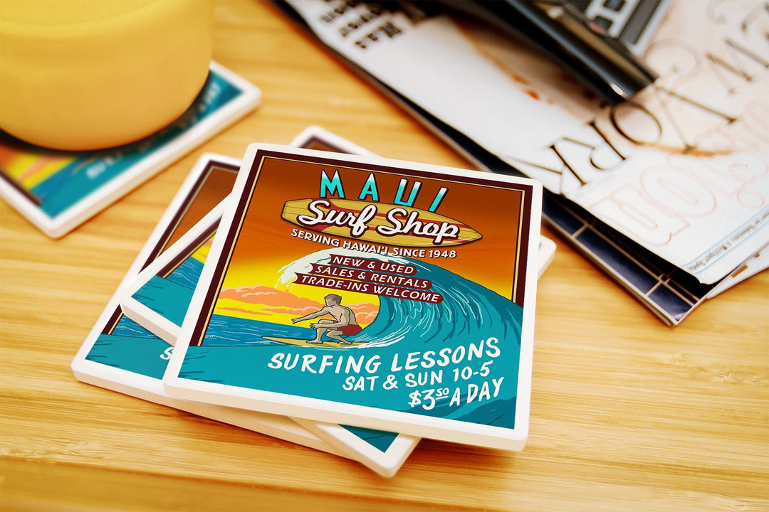 Maui, Hawaii, Surf Shop Vintage Sign, Lantern Press Artwork, Coaster Set Coasters Lantern Press 