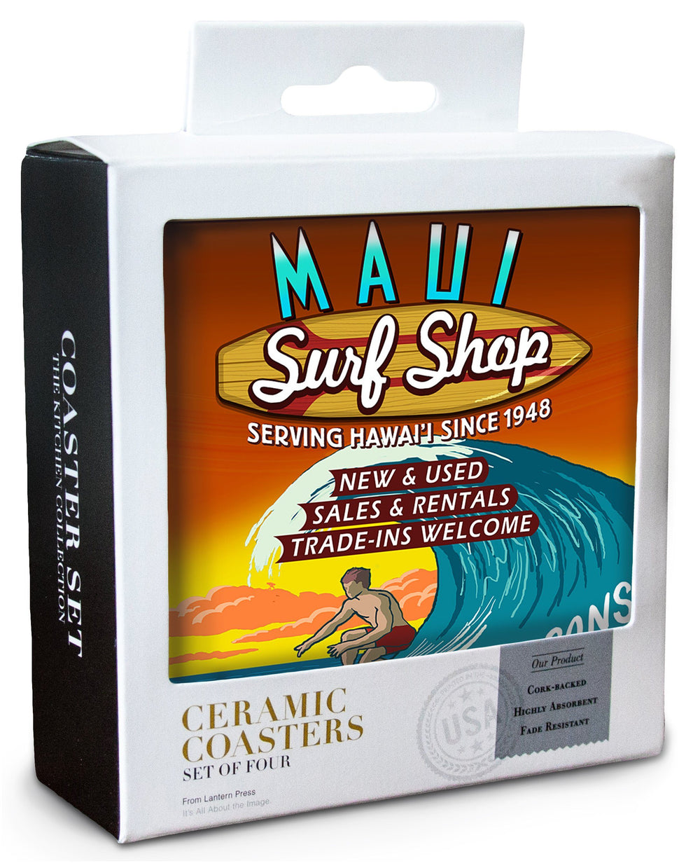 Maui, Hawaii, Surf Shop Vintage Sign, Lantern Press Artwork, Coaster Set Coasters Lantern Press 