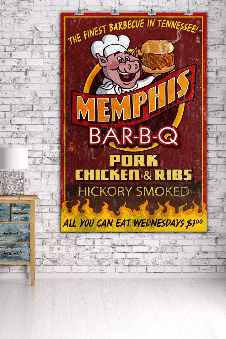 Memphis, Tennesseee, BBQ Pig Vintage Sign, Lantern Press Artwork, Art Prints and Metal Signs Art Lantern Press 