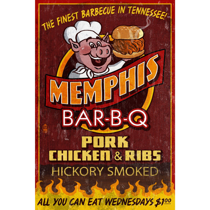 Memphis, Tennesseee, BBQ Pig Vintage Sign, Lantern Press Artwork, Art Prints and Metal Signs Art Lantern Press 
