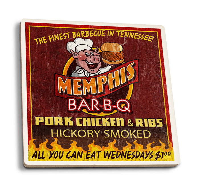 Memphis, Tennesseee, BBQ Pig Vintage Sign, Lantern Press Artwork, Coaster Set Coasters Lantern Press 