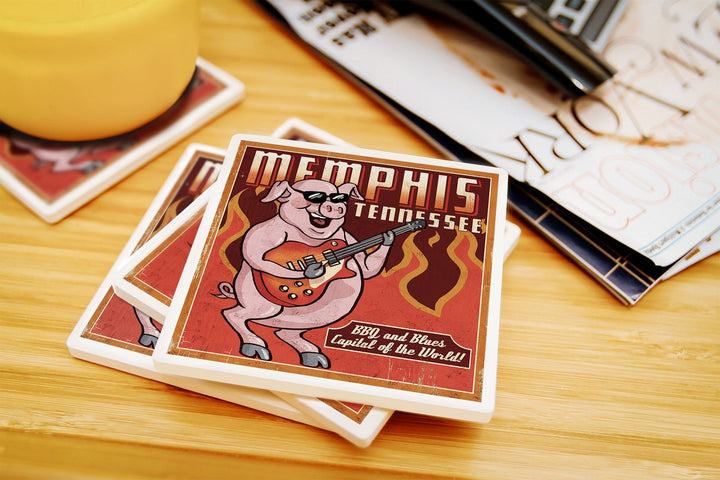 Memphis, Tennesseee, Guitar Pig, Lantern Press Artwork, Coaster Set Coasters Lantern Press 