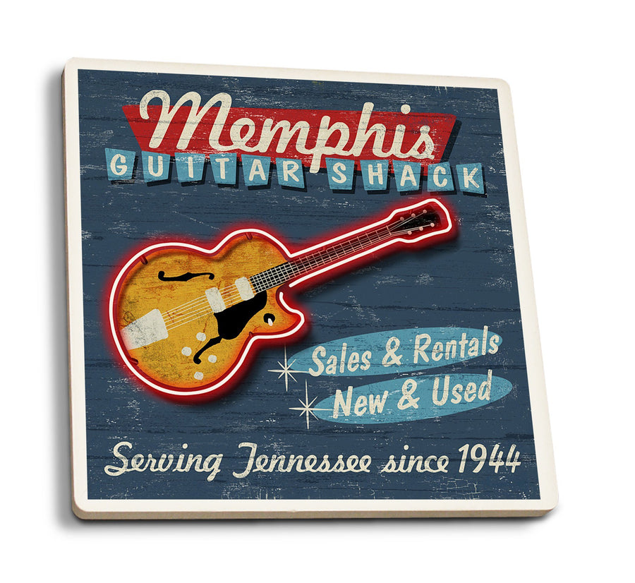 Memphis, Tennesseee, Guitar Shack Vintage Sign, Lantern Press Artwork, Coaster Set Coasters Lantern Press 
