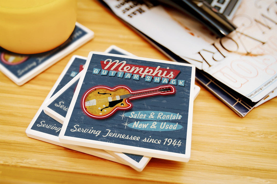 Memphis, Tennesseee, Guitar Shack Vintage Sign, Lantern Press Artwork, Coaster Set Coasters Lantern Press 