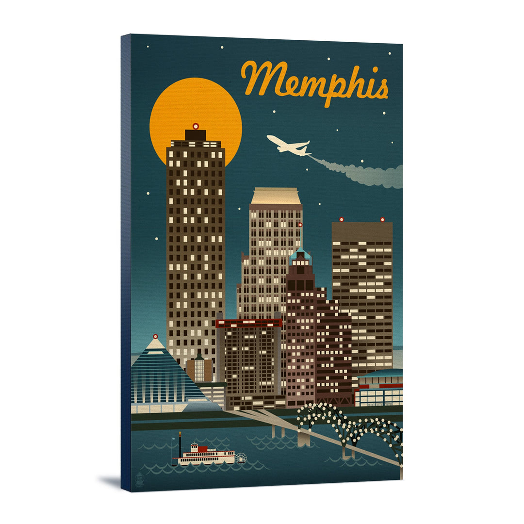 Memphis, Tennesseee, Retro Skyline, Lantern Press Artwork, Stretched Canvas Canvas Lantern Press 12x18 Stretched Canvas 