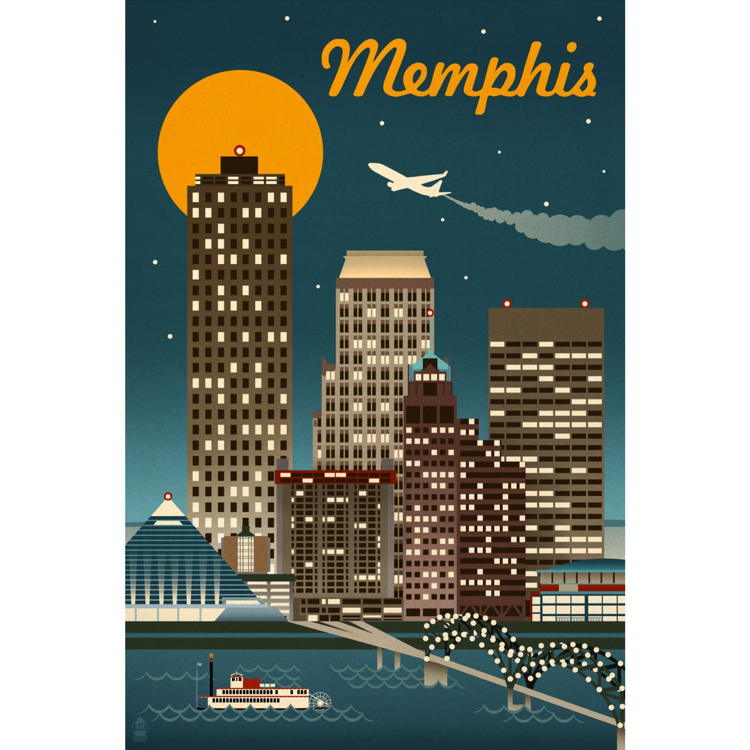 Memphis, Tennesseee, Retro Skyline, Lantern Press Artwork, Stretched Canvas Canvas Lantern Press 