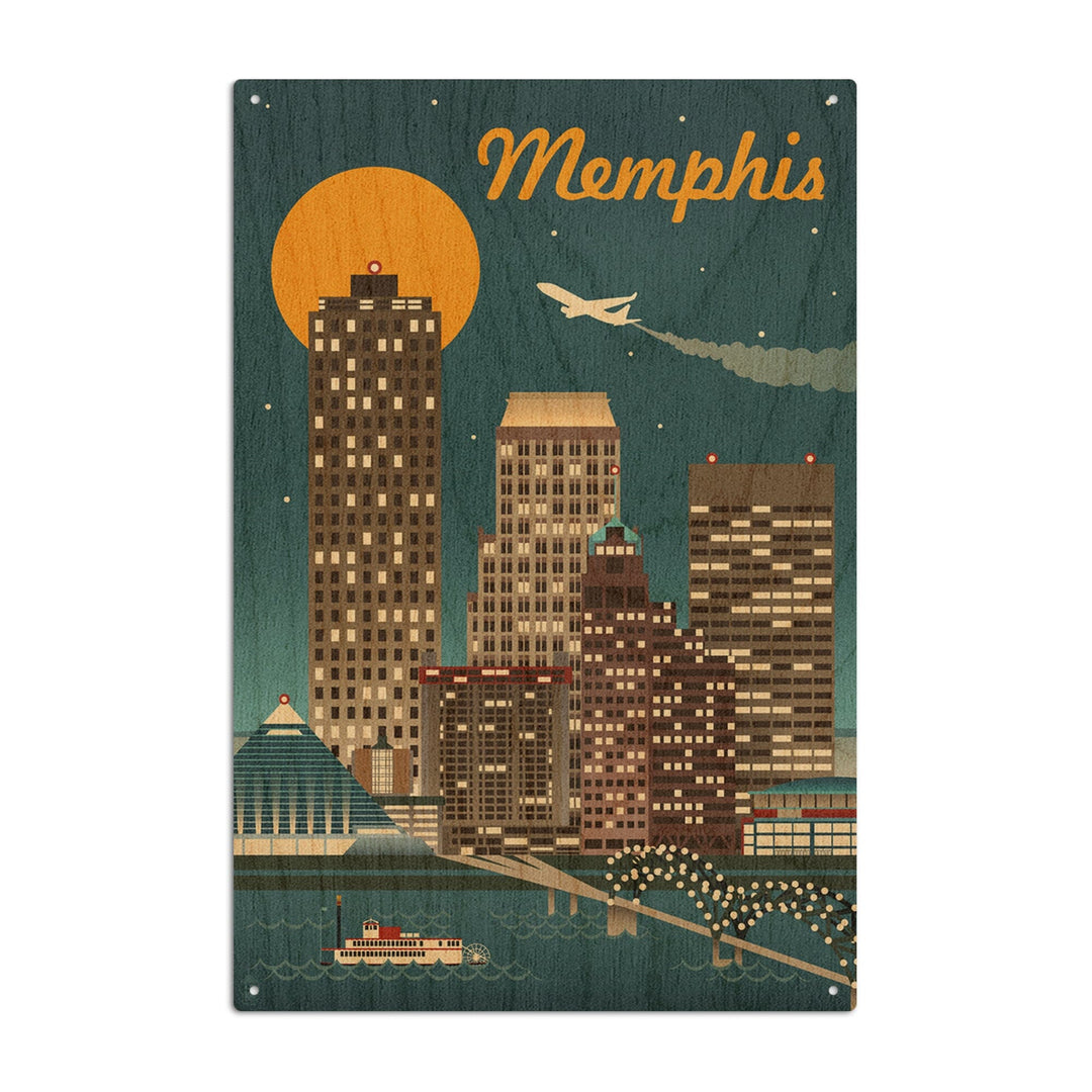 Memphis, Tennesseee, Retro Skyline, Lantern Press Artwork, Wood Signs and Postcards Wood Lantern Press 10 x 15 Wood Sign 