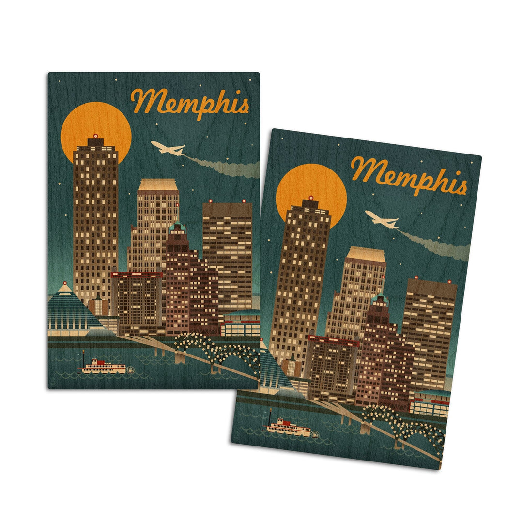 Memphis, Tennesseee, Retro Skyline, Lantern Press Artwork, Wood Signs and Postcards Wood Lantern Press 4x6 Wood Postcard Set 