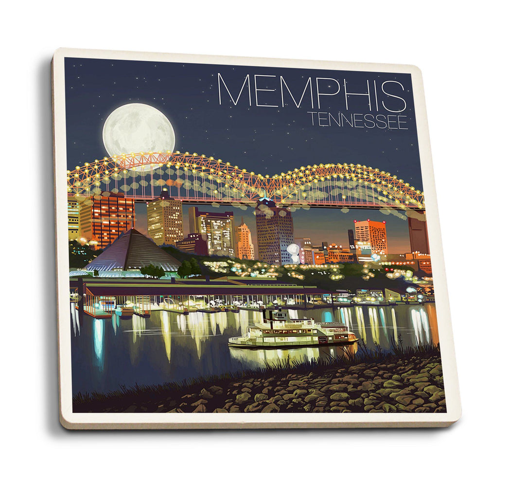 Memphis, Tennesseee, Skyline at Night, Lantern Press Artwork, Coaster Set Coasters Lantern Press 