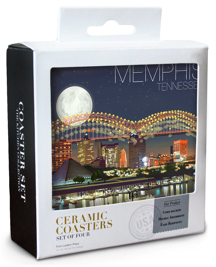 Memphis, Tennesseee, Skyline at Night, Lantern Press Artwork, Coaster Set Coasters Lantern Press 