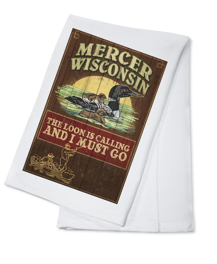 Mercer, Wisconsin, The Loon is Calling, Vintage Sign, Lantern Press Artwork, Towels and Aprons Kitchen Lantern Press Cotton Towel 