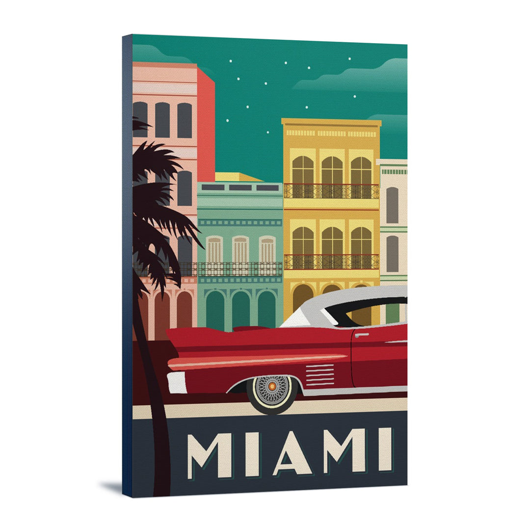 Miami, Buildings & Vintage Car, Vector, Lantern Press Artwork, Stretched Canvas Canvas Lantern Press 12x18 Stretched Canvas 