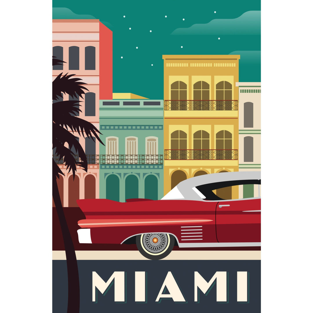 Miami, Buildings & Vintage Car, Vector, Lantern Press Artwork, Stretched Canvas Canvas Lantern Press 