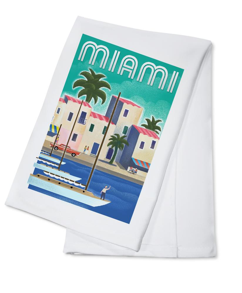 Miami, Florida, Lithograph, Lantern Press Artwork, Towels and Aprons Kitchen Lantern Press Cotton Towel 