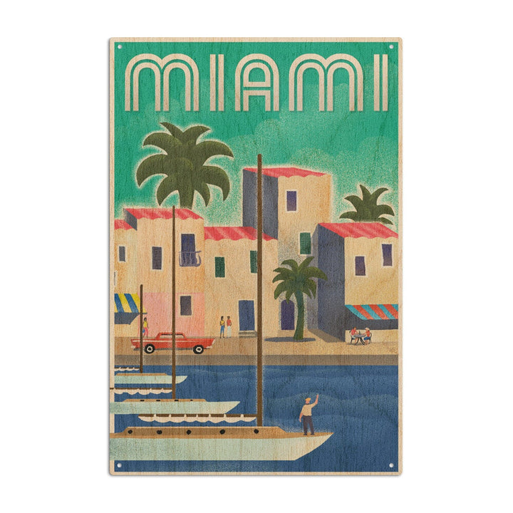 Miami, Florida, Lithograph, Lantern Press Artwork, Wood Signs and Postcards Wood Lantern Press 10 x 15 Wood Sign 