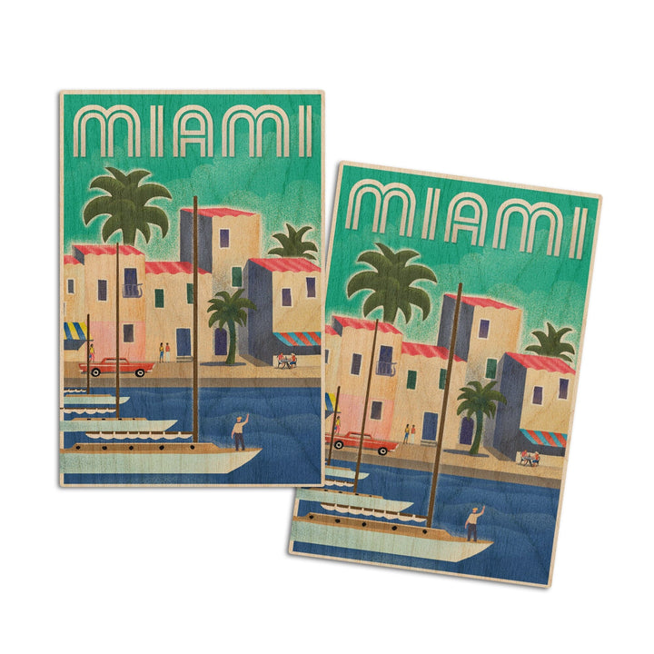 Miami, Florida, Lithograph, Lantern Press Artwork, Wood Signs and Postcards Wood Lantern Press 4x6 Wood Postcard Set 