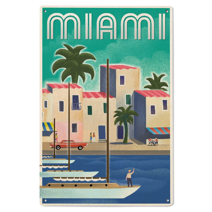 Miami, Florida, Lithograph, Lantern Press Artwork, Wood Signs and Postcards Wood Lantern Press 