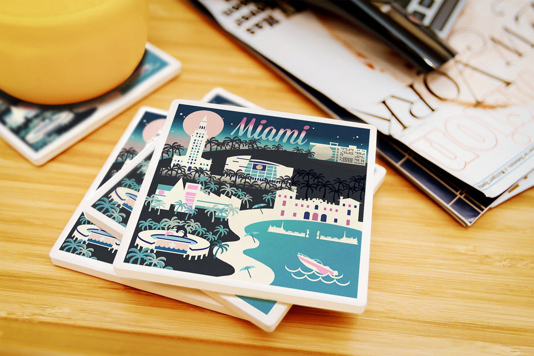 Miami, Florida, Retro Skyline Chromatic Series, Lantern Press Artwork, Coaster Set Coasters Lantern Press 
