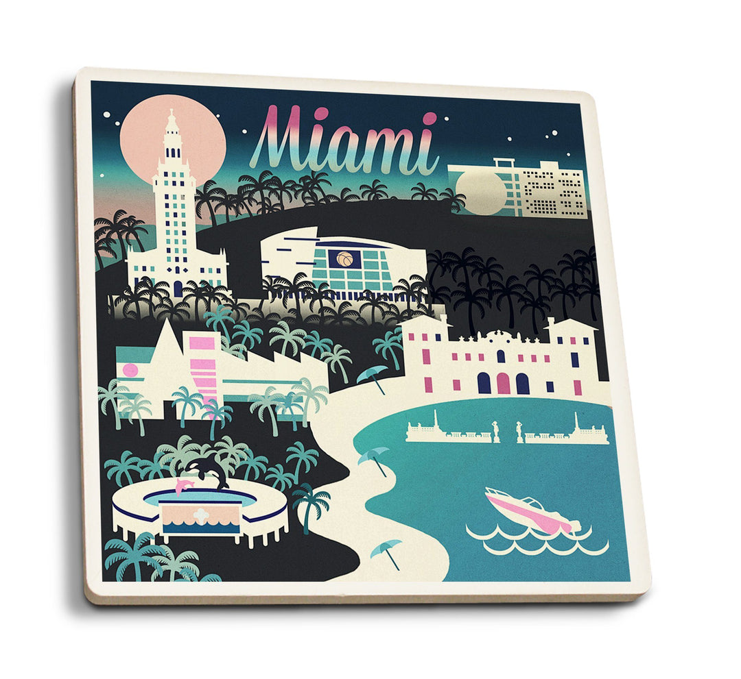 Miami, Florida, Retro Skyline Chromatic Series, Lantern Press Artwork, Coaster Set Coasters Lantern Press 