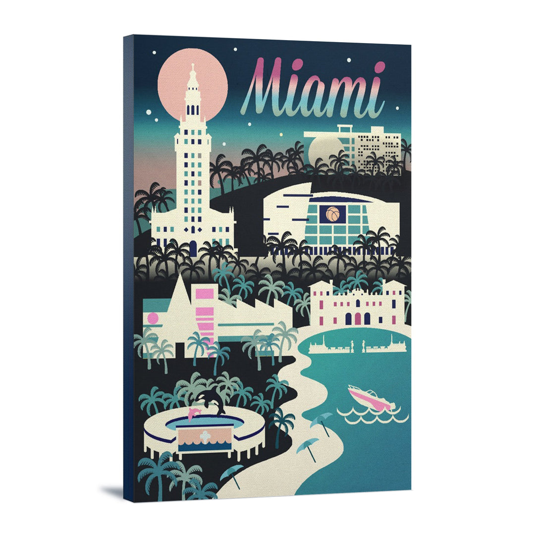 Miami, Florida, Retro Skyline Chromatic Series, Lantern Press Artwork, Stretched Canvas Canvas Lantern Press 12x18 Stretched Canvas 
