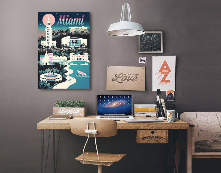 Miami, Florida, Retro Skyline Chromatic Series, Lantern Press Artwork, Stretched Canvas Canvas Lantern Press 