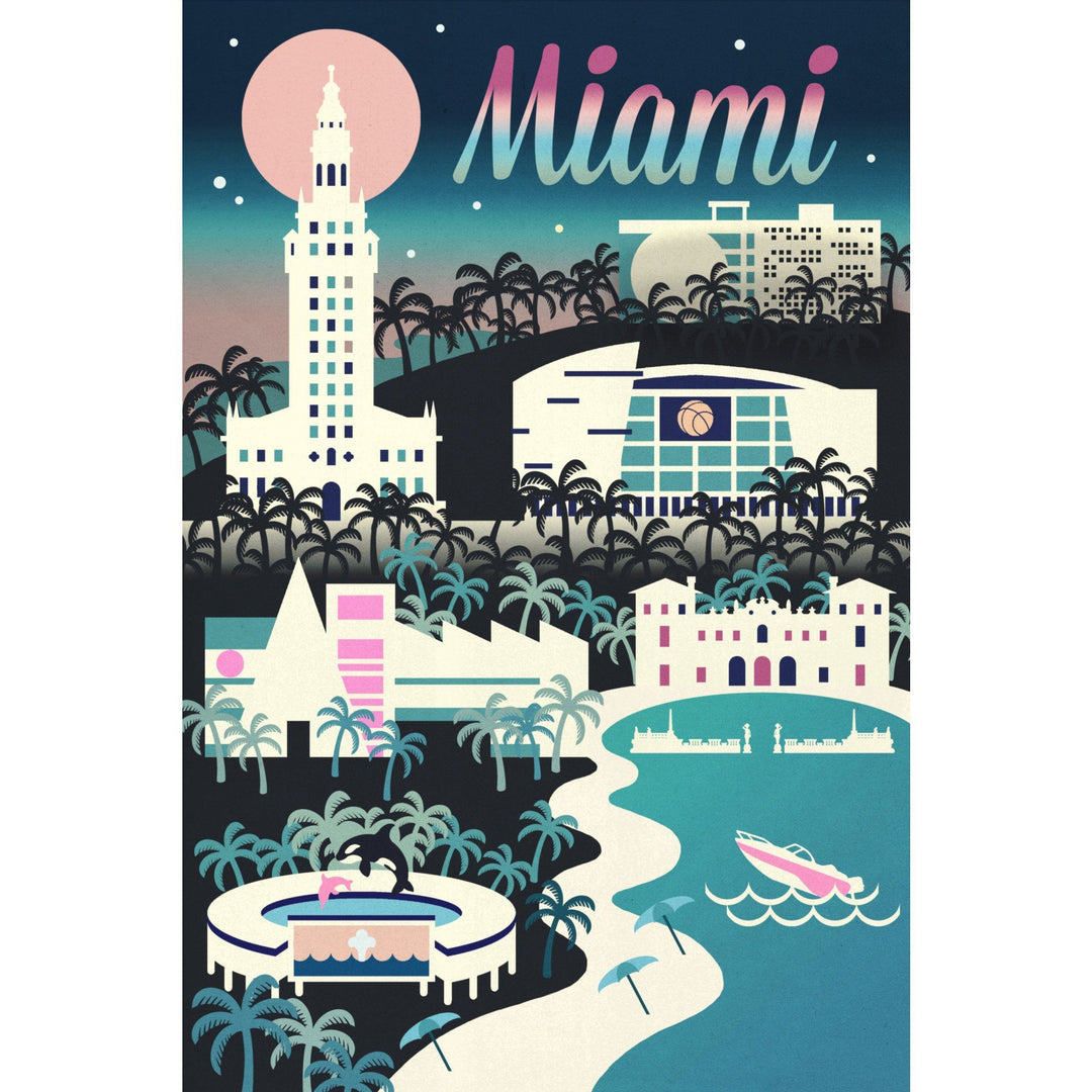Miami, Florida, Retro Skyline Chromatic Series, Lantern Press Artwork, Stretched Canvas Canvas Lantern Press 