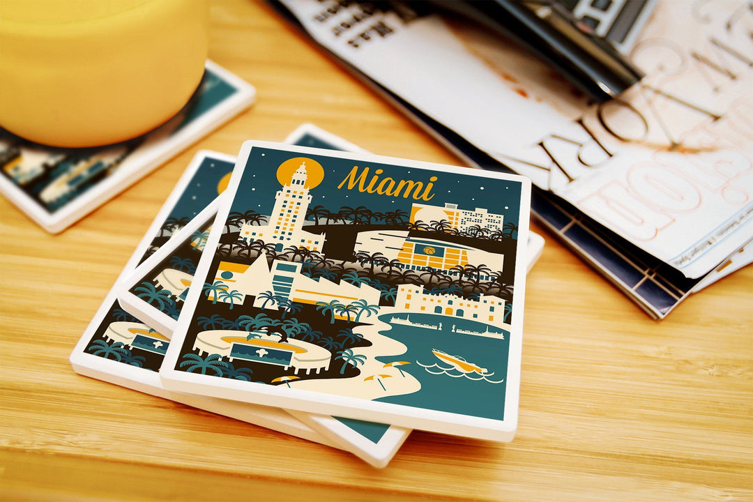 Miami, Florida, Retro Skyline, Lantern Press Artwork, Coaster Set Coasters Lantern Press 