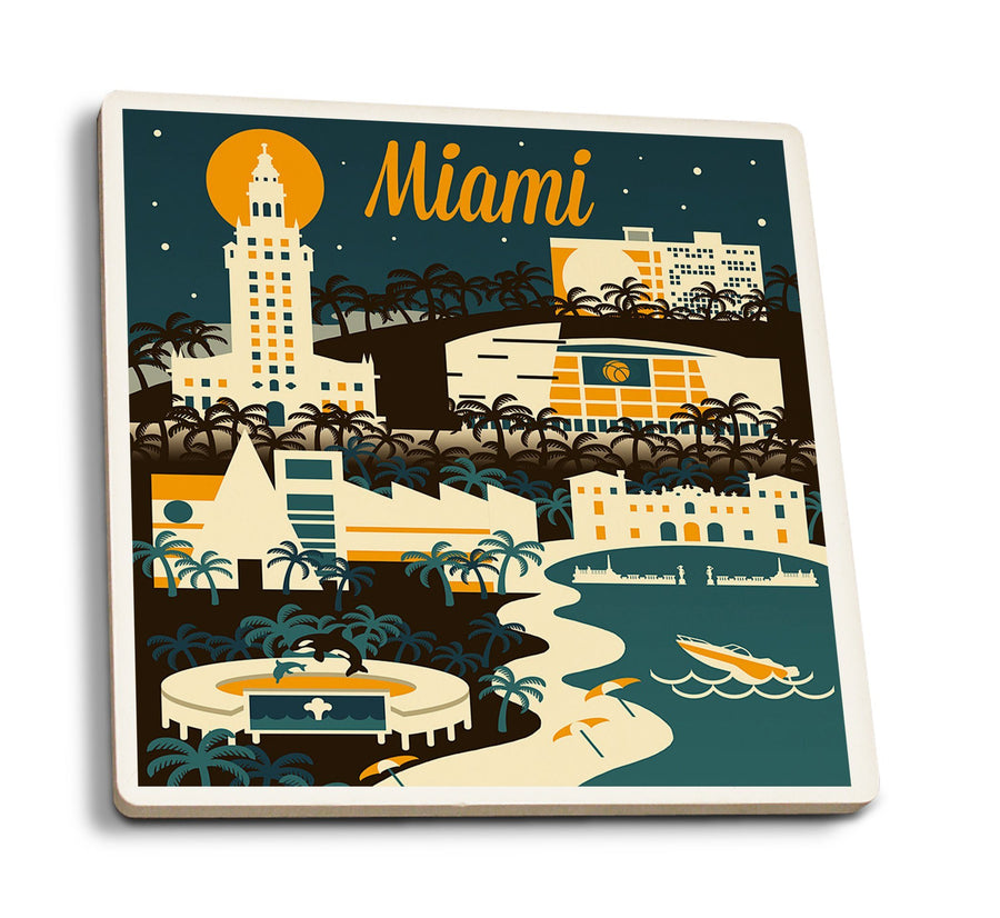 Miami, Florida, Retro Skyline, Lantern Press Artwork, Coaster Set Coasters Lantern Press 