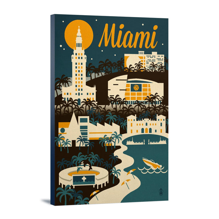 Miami, Florida, Retro Skyline, Lantern Press Artwork, Stretched Canvas Canvas Lantern Press 12x18 Stretched Canvas 