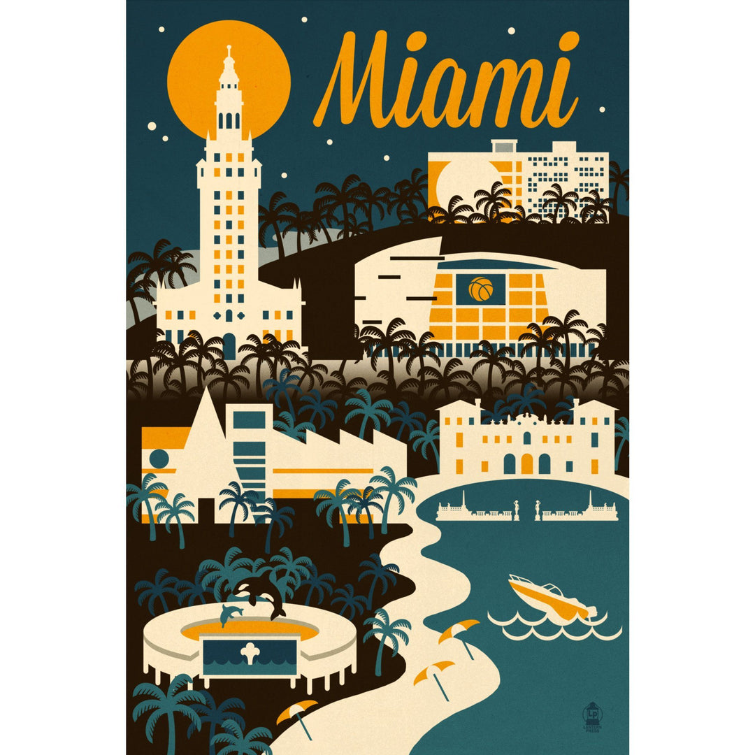 Miami, Florida, Retro Skyline, Lantern Press Artwork, Stretched Canvas Canvas Lantern Press 