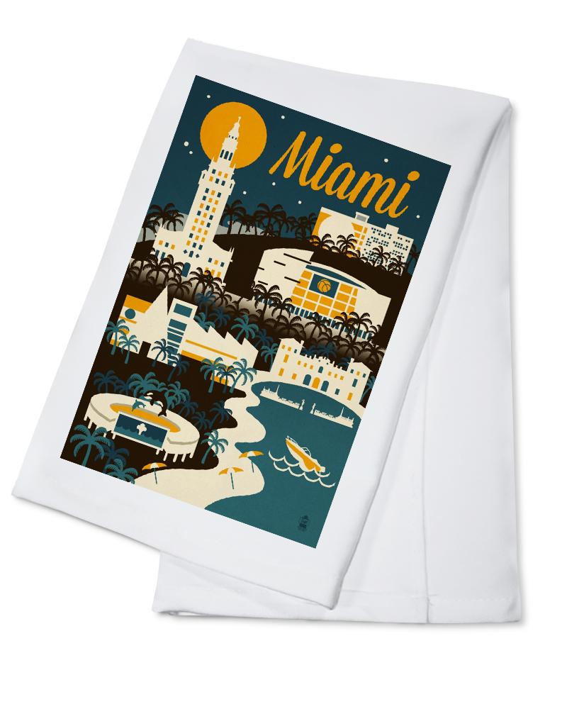 Miami, Florida, Retro Skyline, Lantern Press Artwork, Towels and Aprons Kitchen Lantern Press Cotton Towel 