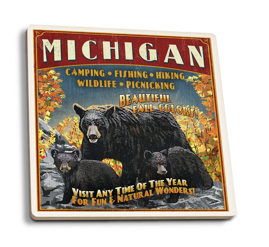 Michigan, Black Bears & Fall Colors Vintage Sign, Lantern Press Artwork, Coaster Set Coasters Lantern Press 