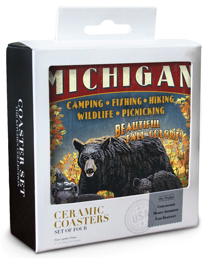 Michigan, Black Bears & Fall Colors Vintage Sign, Lantern Press Artwork, Coaster Set Coasters Lantern Press 