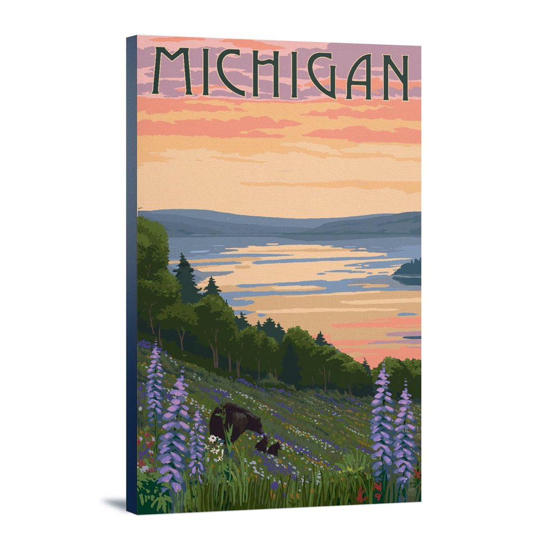 Michigan, Lake & Bear Family, Lantern Press Artwork, Stretched Canvas Canvas Lantern Press 12x18 Stretched Canvas 