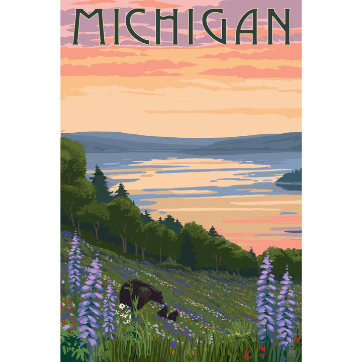 Michigan, Lake & Bear Family, Lantern Press Artwork, Stretched Canvas Canvas Lantern Press 
