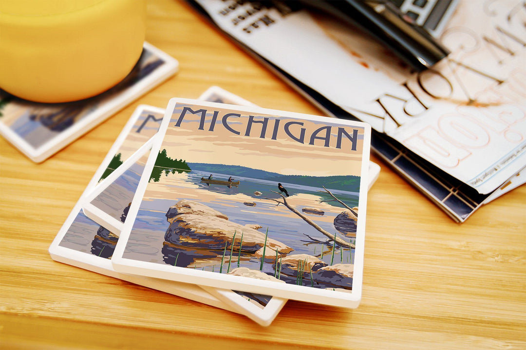 Michigan, Lake Sunrise Scene, Lantern Press Artwork, Coaster Set Coasters Lantern Press 