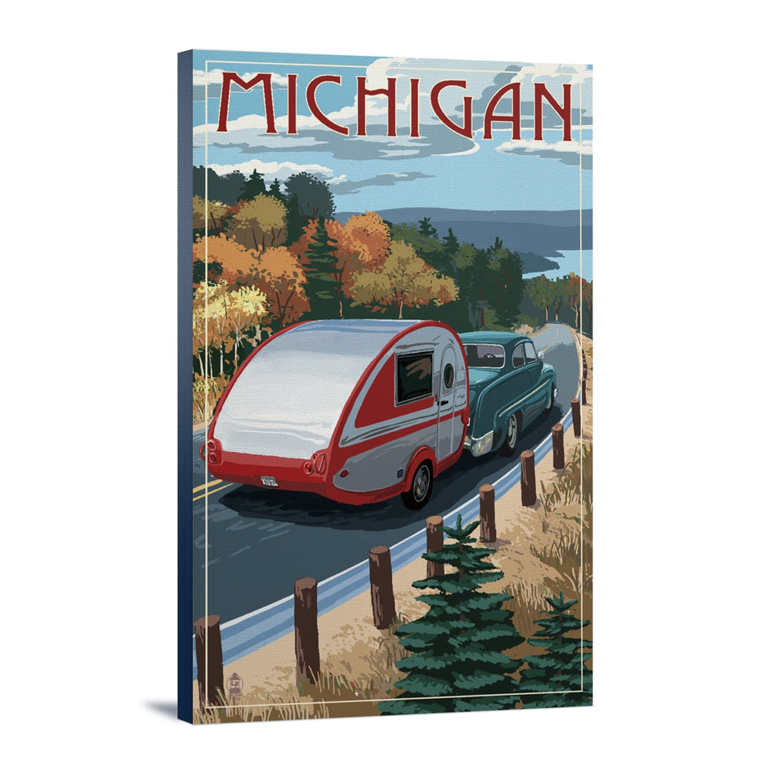 Michigan, Retro Camper on Road, Lantern Press Artwork, Stretched Canvas Canvas Lantern Press 12x18 Stretched Canvas 