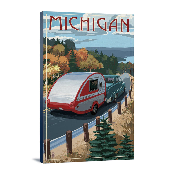 Michigan, Retro Camper on Road, Lantern Press Artwork, Stretched Canvas Canvas Lantern Press 24x36 Stretched Canvas 