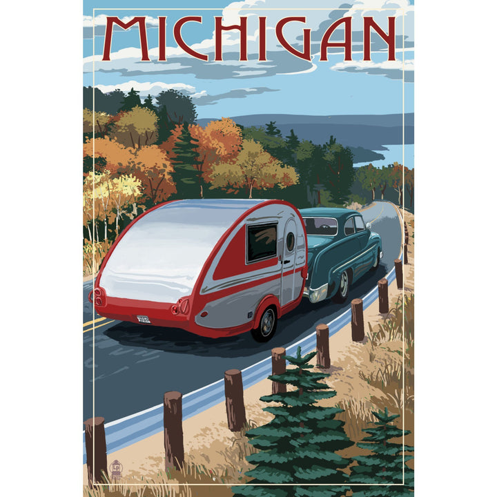 Michigan, Retro Camper on Road, Lantern Press Artwork, Stretched Canvas Canvas Lantern Press 