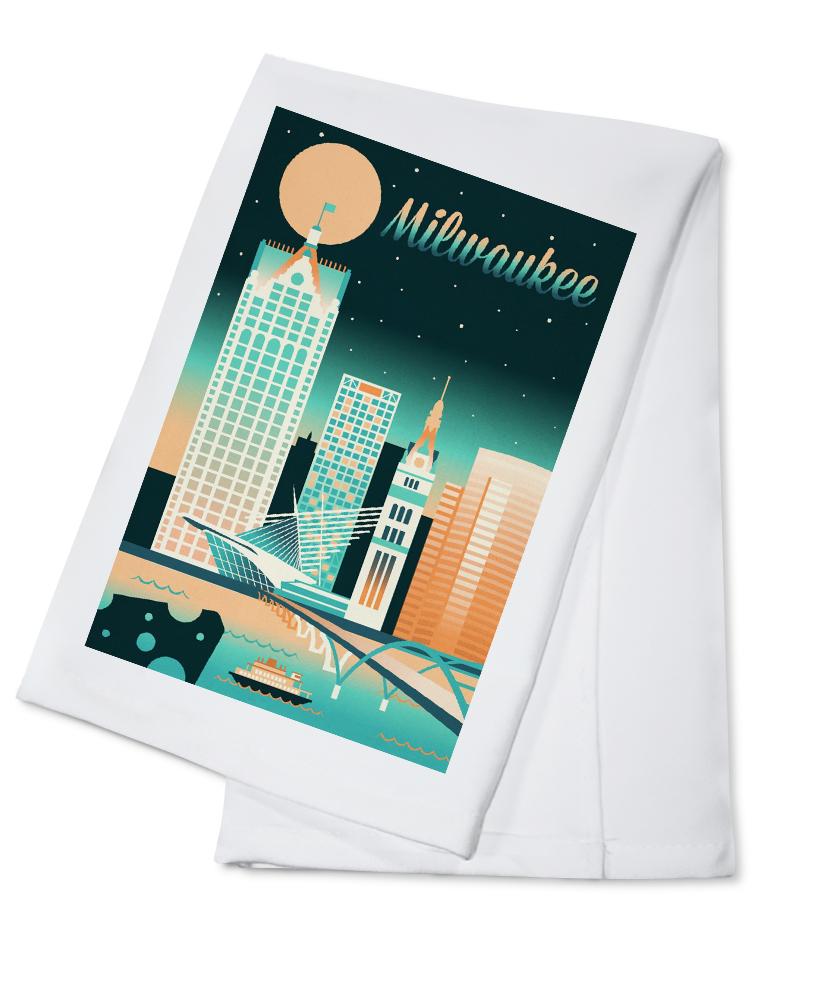 Milwaukee, Wisconsin, Retro Skyline Chromatic Series, Lantern Press Artwork, Towels and Aprons Kitchen Lantern Press Cotton Towel 