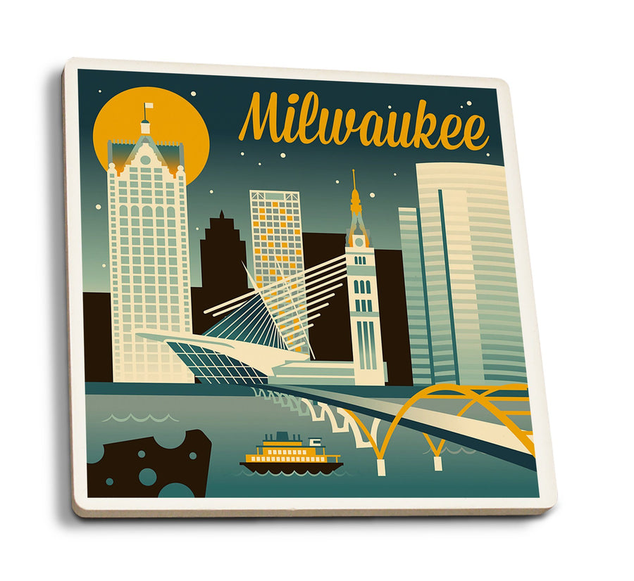 Milwaukee, Wisconsin, Retro Skyline Classic Series, Lantern Press Artwork, Coaster Set Coasters Lantern Press 