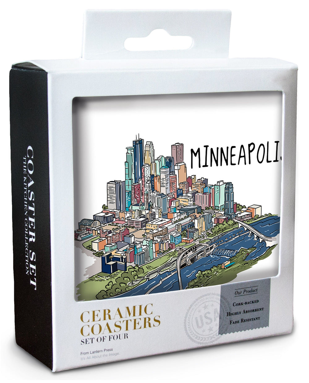 Minneapolis, Minnesota, Cityscape, Line Drawing, Lantern Press Artwork, Coaster Set Coasters Lantern Press 