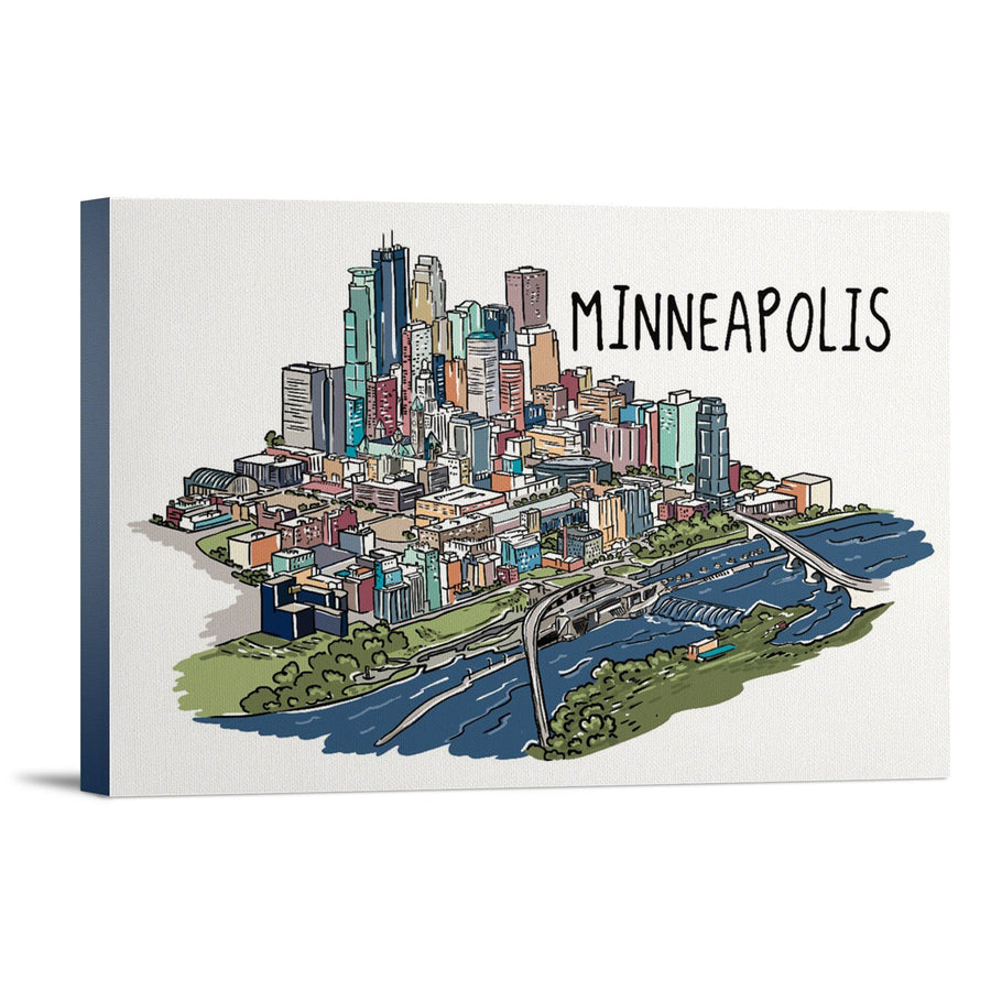Minneapolis, Minnesota, Cityscape, Line Drawing, Lantern Press Artwork, Stretched Canvas Canvas Lantern Press 