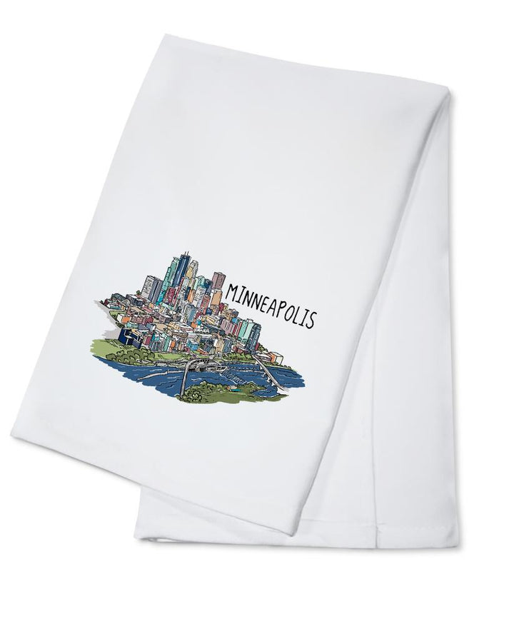Minneapolis, Minnesota, Cityscape, Line Drawing, Lantern Press Artwork, Towels and Aprons Kitchen Lantern Press Cotton Towel 