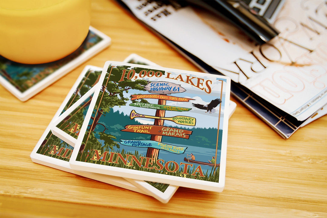 Minnesota, 10,000 Lakes, Destinations Sign, Lantern Press Artwork, Coaster Set Coasters Lantern Press 