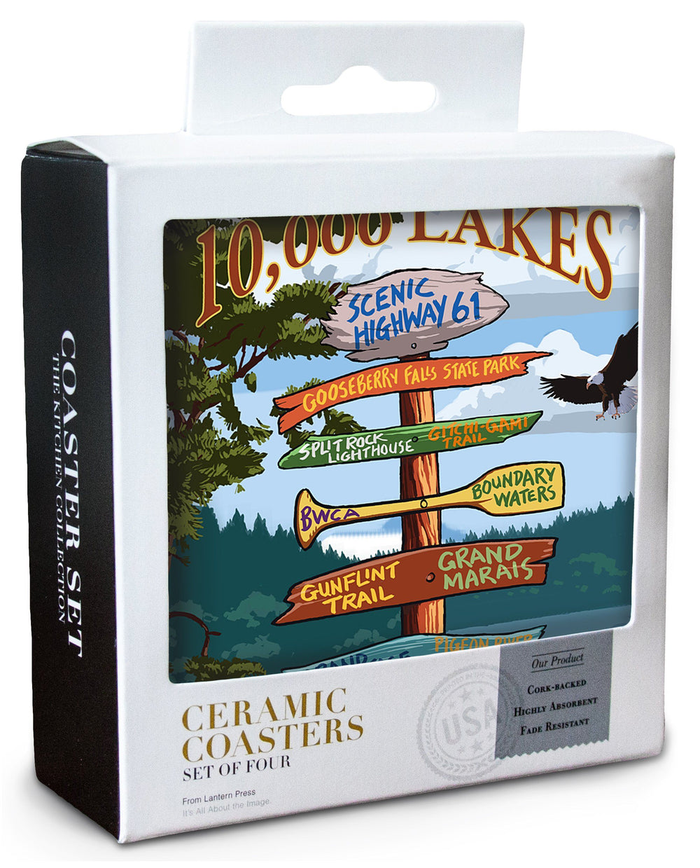 Minnesota, 10,000 Lakes, Destinations Sign, Lantern Press Artwork, Coaster Set Coasters Lantern Press 