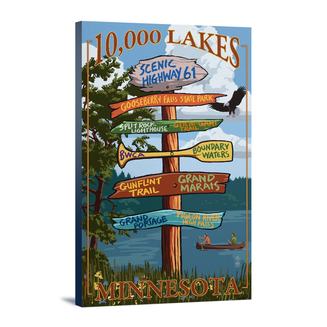 Minnesota, 10,000 Lakes, Destinations Sign, Lantern Press Artwork, Stretched Canvas Canvas Lantern Press 12x18 Stretched Canvas 