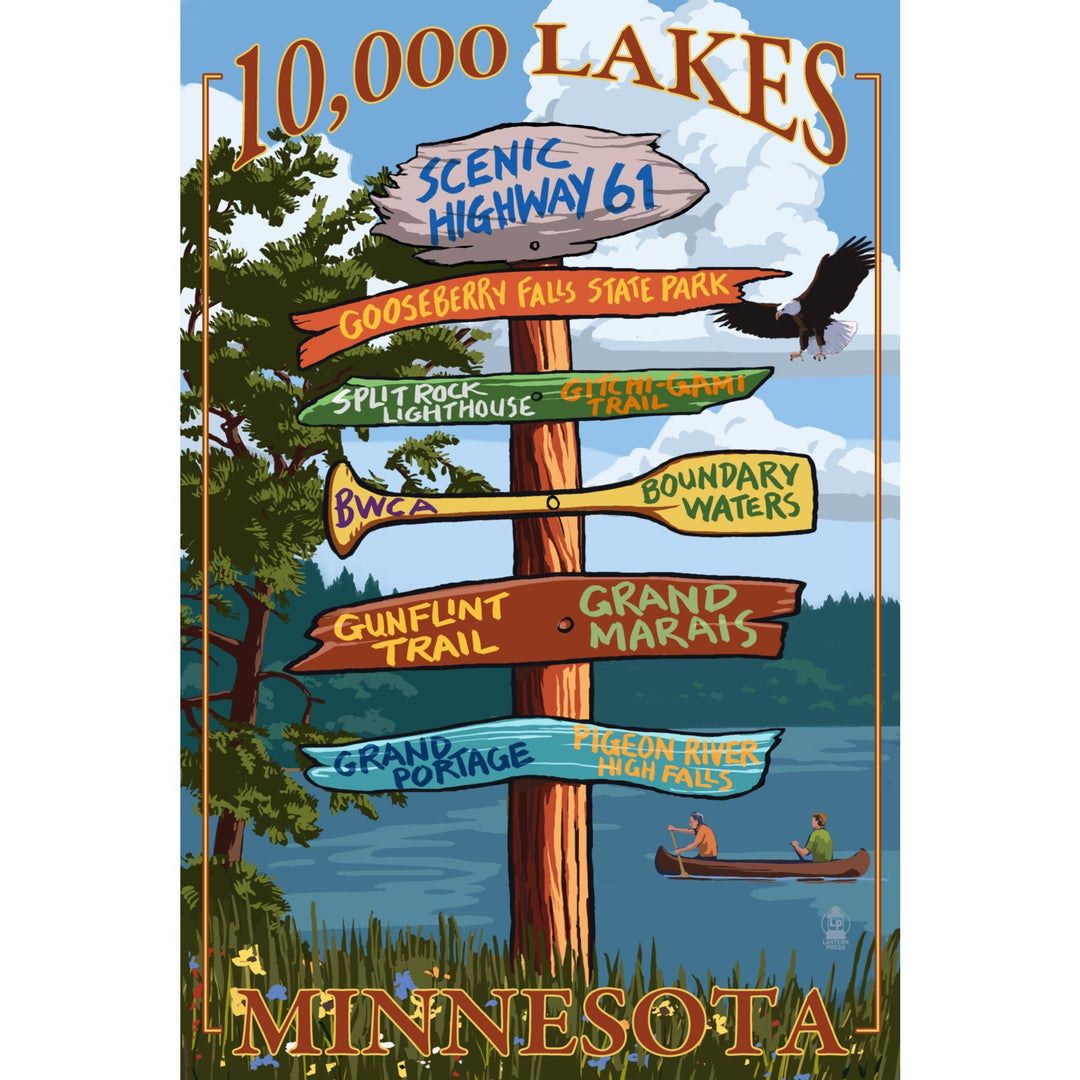 Minnesota, 10,000 Lakes, Destinations Sign, Lantern Press Artwork, Stretched Canvas Canvas Lantern Press 
