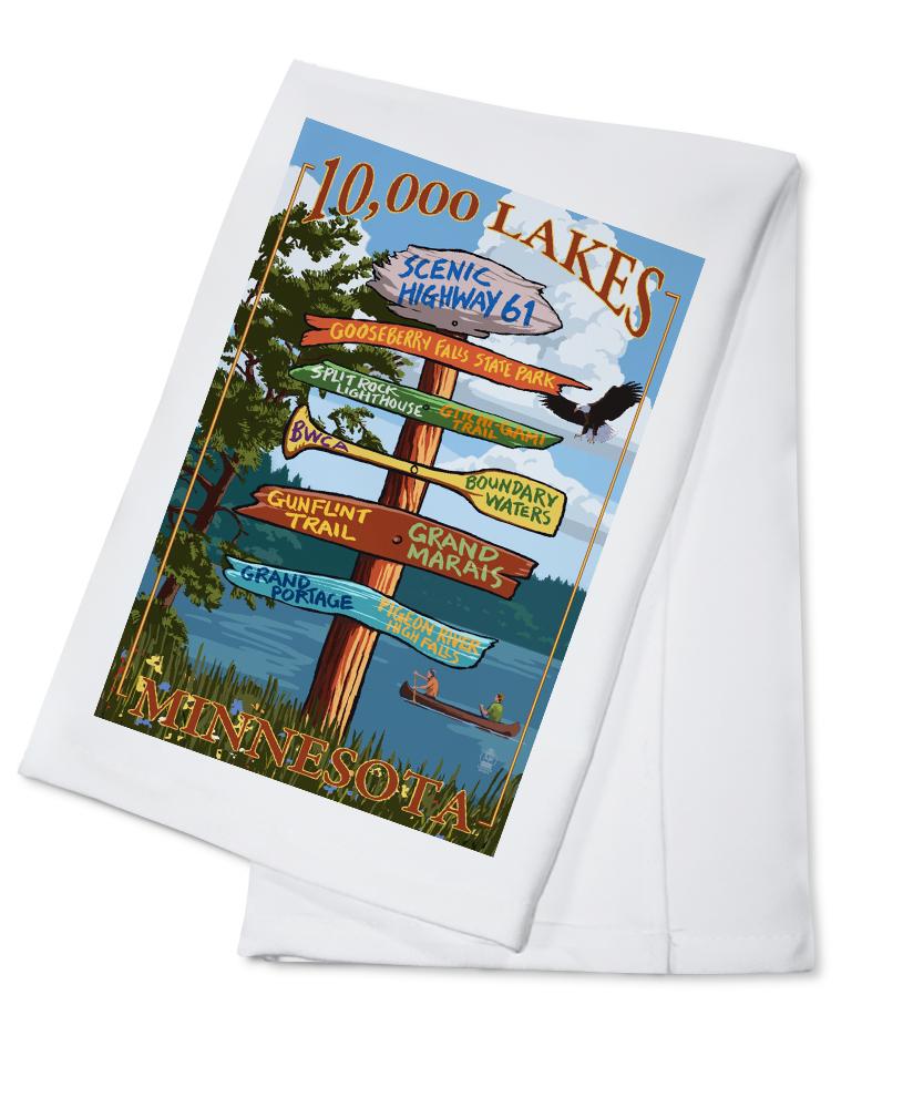Minnesota, 10,000 Lakes, Destinations Sign, Lantern Press Artwork, Towels and Aprons Kitchen Lantern Press Cotton Towel 